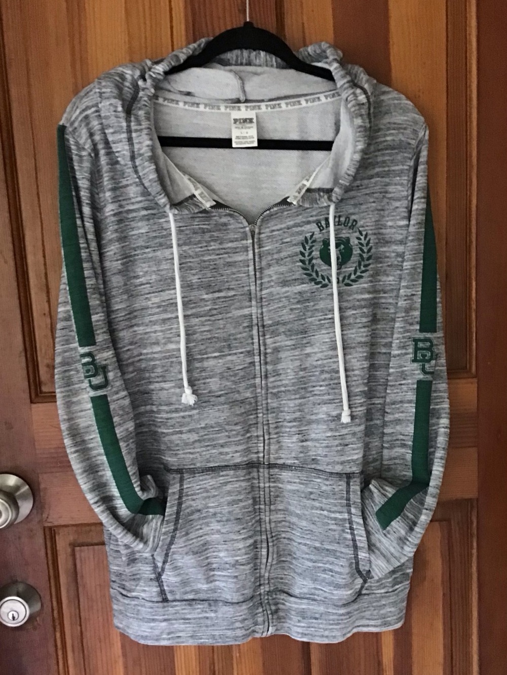 PINK Victoria's Secret Gray Zip Hoodie with Green Accents